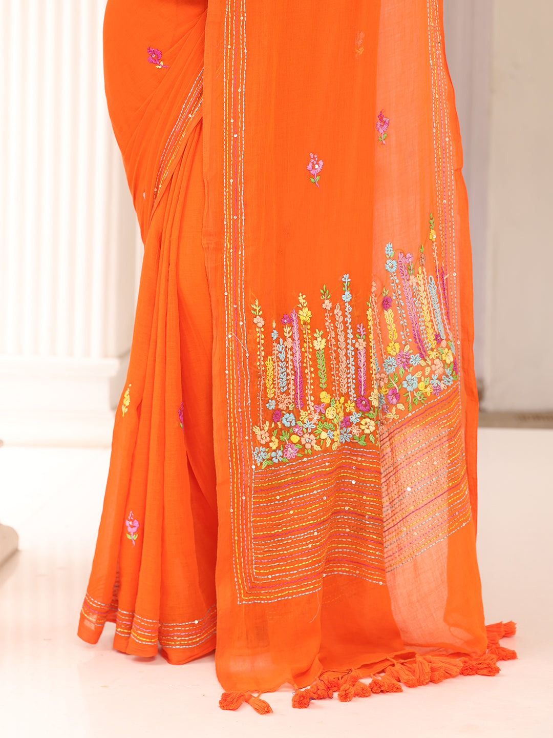 Orange Embroidered Mulmul Cotton Saree