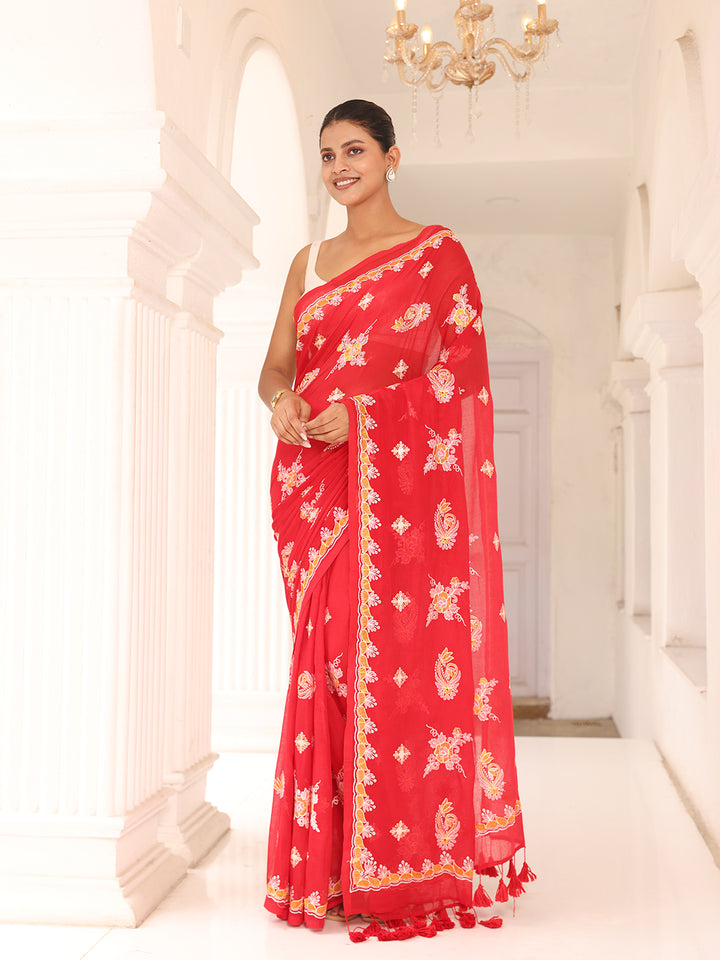 Red Chikankari Mulmul Cotton Saree