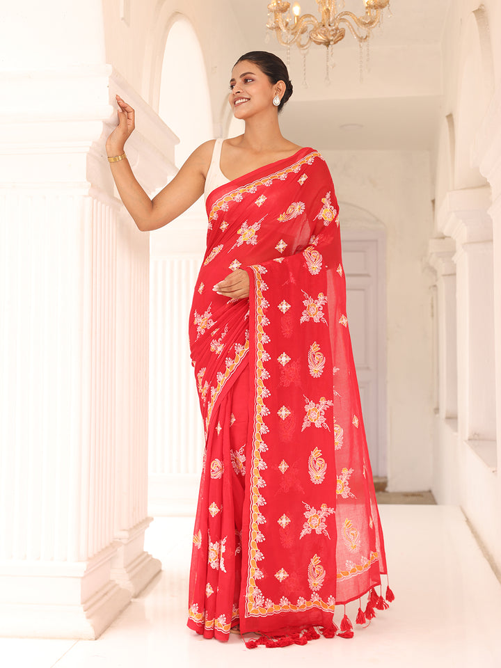 Red Chikankari Mulmul Cotton Saree