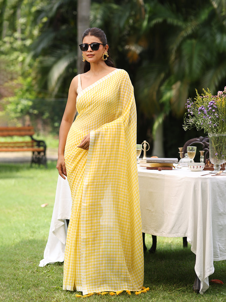Gingham Check Yellow Mulmul Cotton Saree