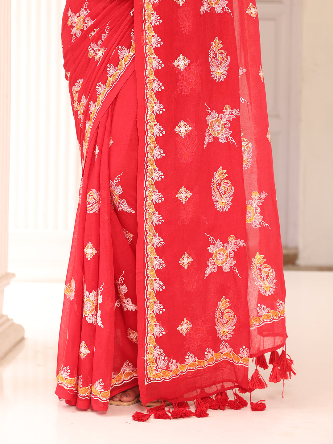 Red Chikankari Mulmul Cotton Saree