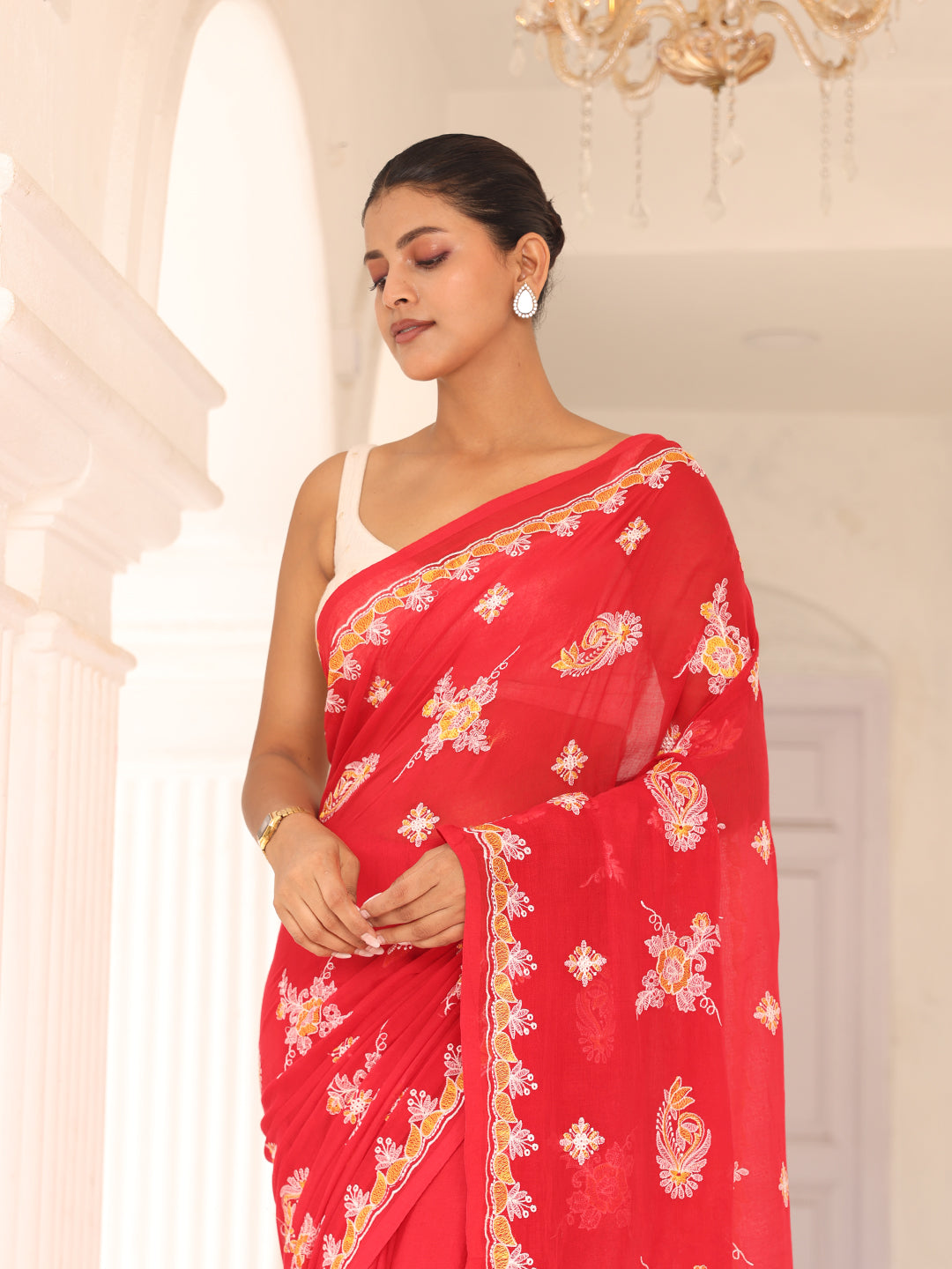 Red Chikankari Mulmul Cotton Saree