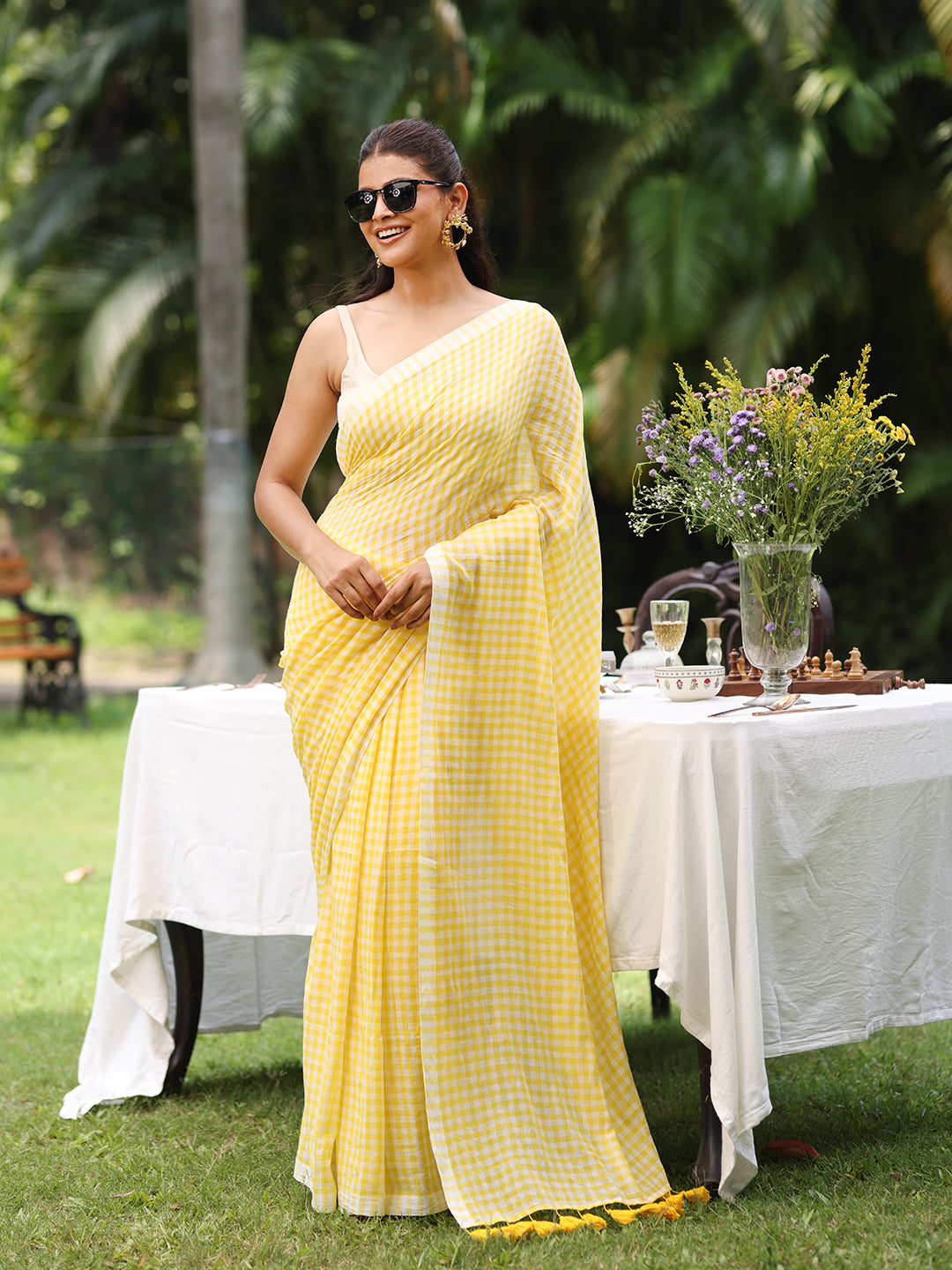 Gingham Check Yellow Mulmul Cotton Saree