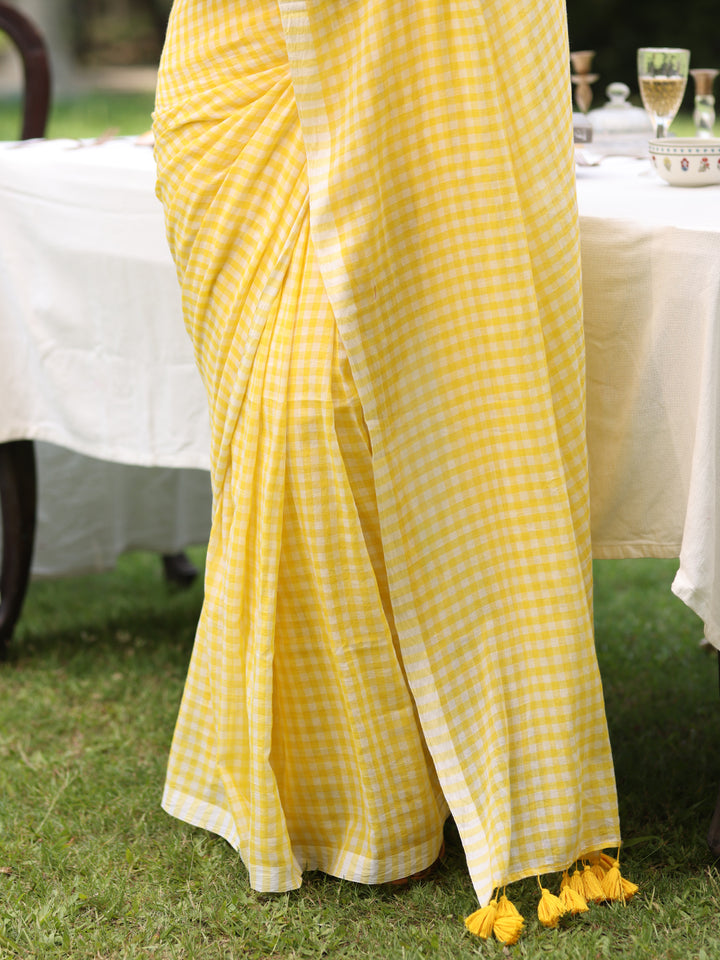 Gingham Check Yellow Mulmul Cotton Saree