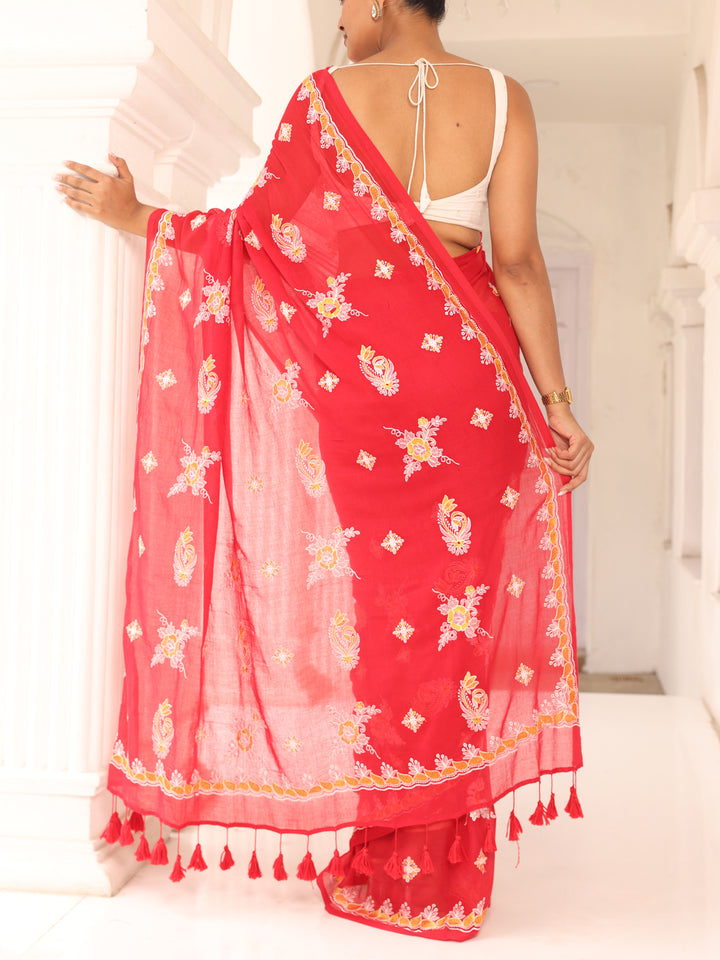 Red Chikankari Mulmul Cotton Saree