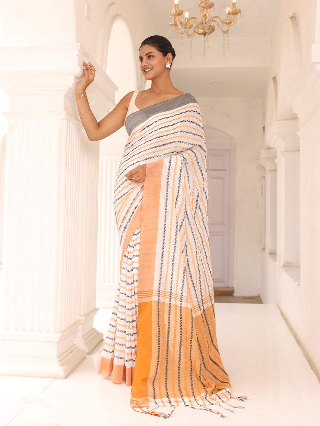 White Grey Cotton Saree