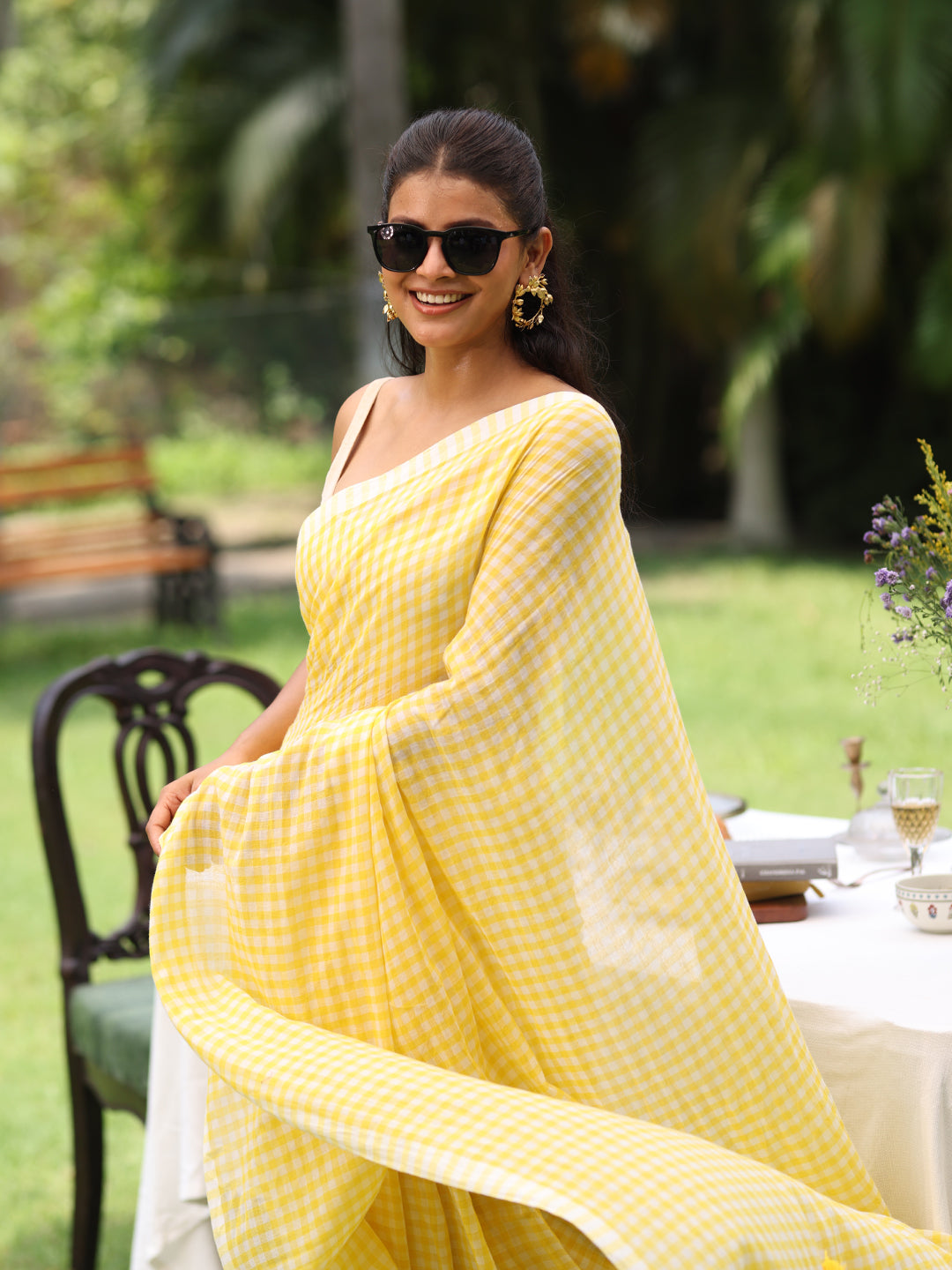 Gingham Check Yellow Mulmul Cotton Saree