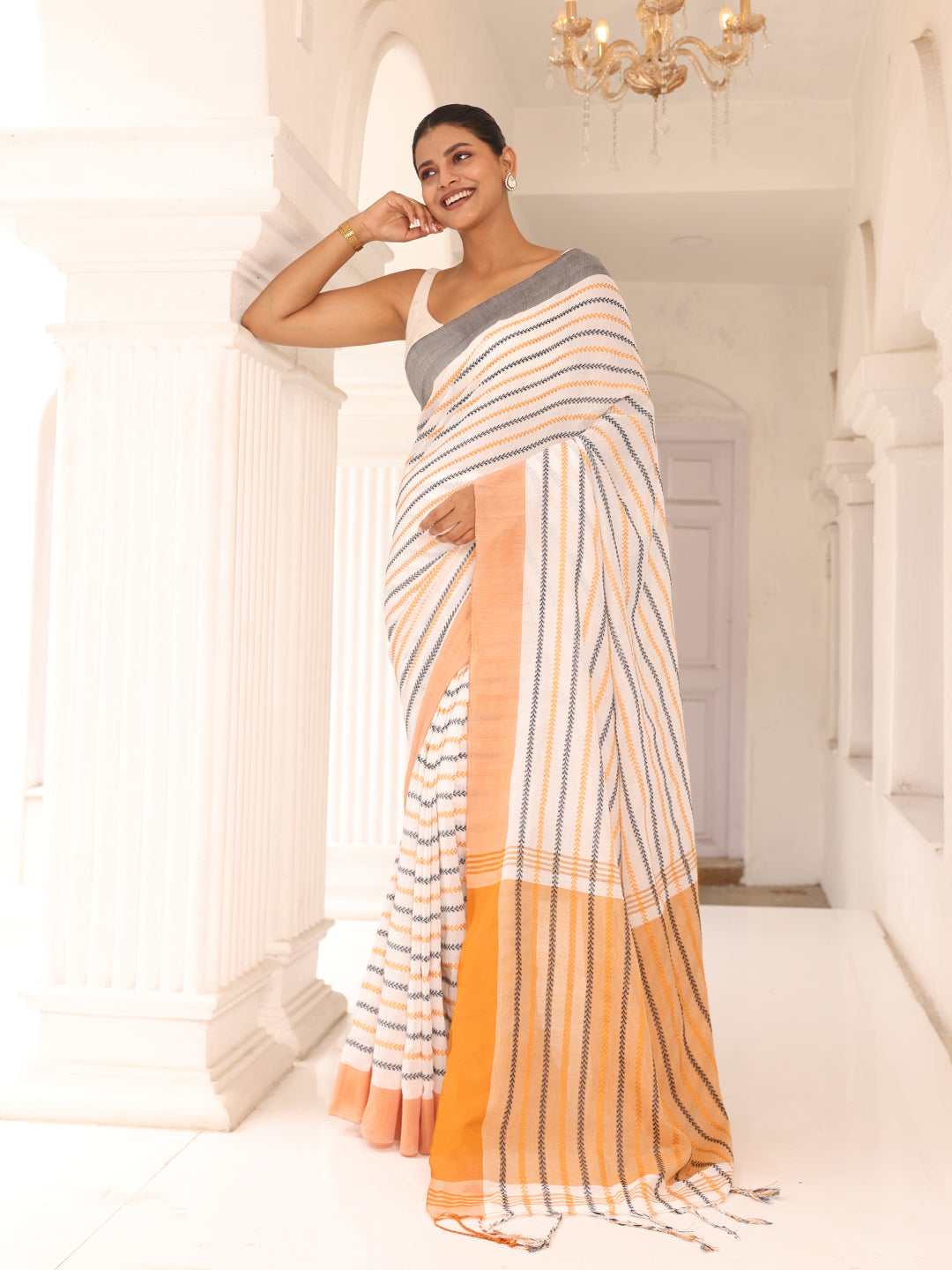 White Grey Cotton Saree