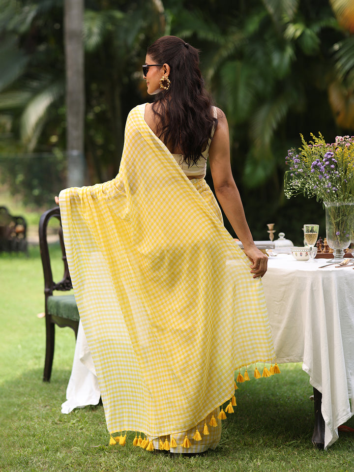 Gingham Check Yellow Mulmul Cotton Saree