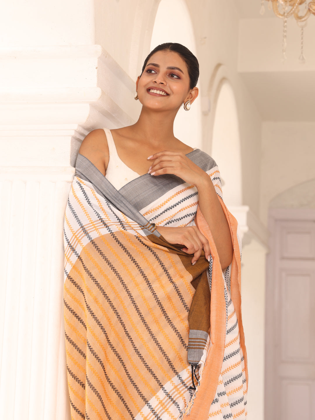 White Grey Cotton Saree
