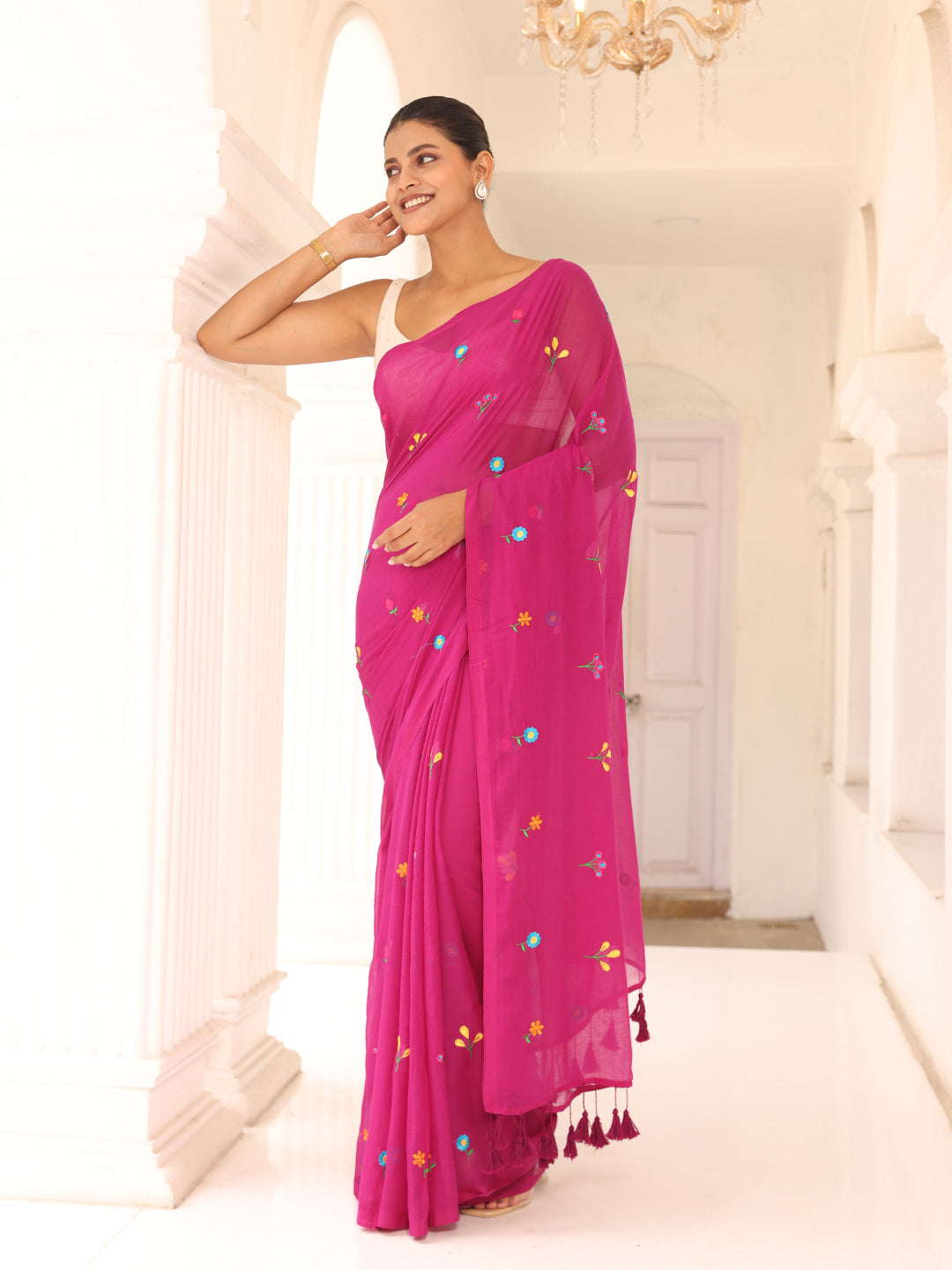 Magenta Embroidered Mulmul Cotton Saree