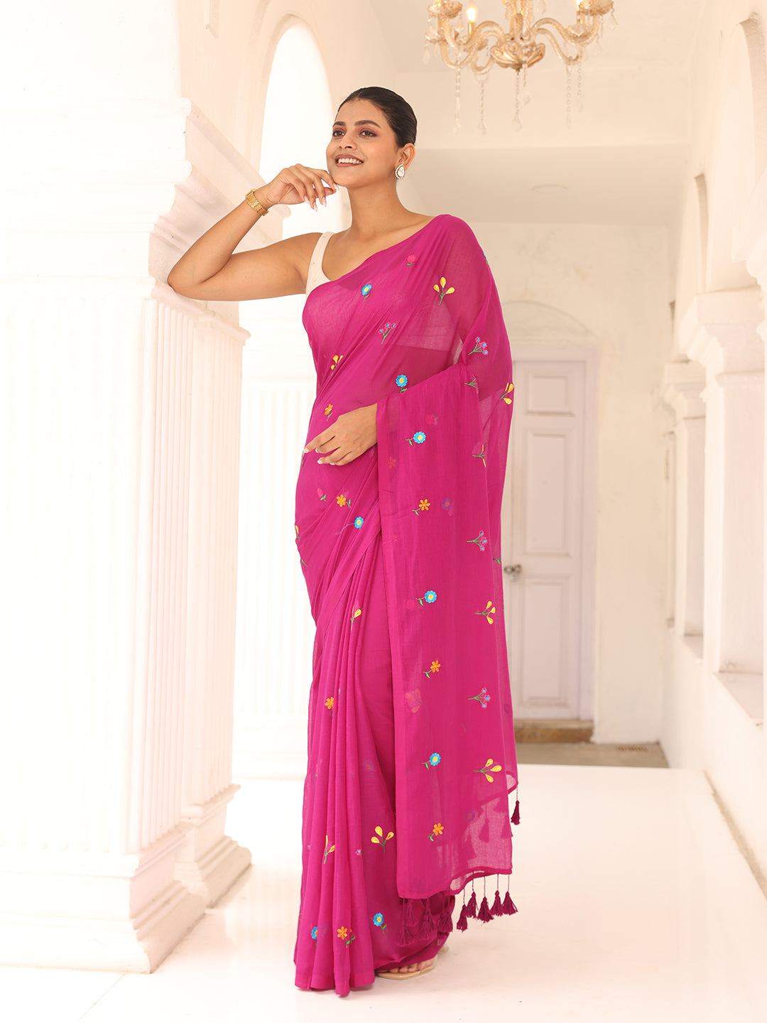 Magenta Embroidered Mulmul Cotton Saree