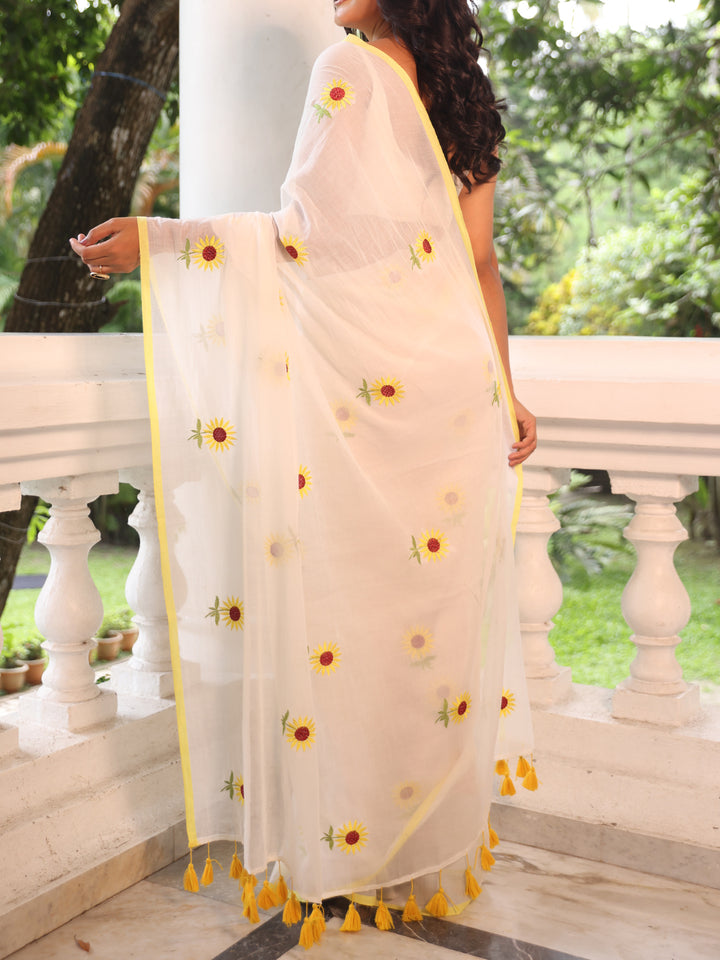 White Sunflower Mulmul Cotton Saree