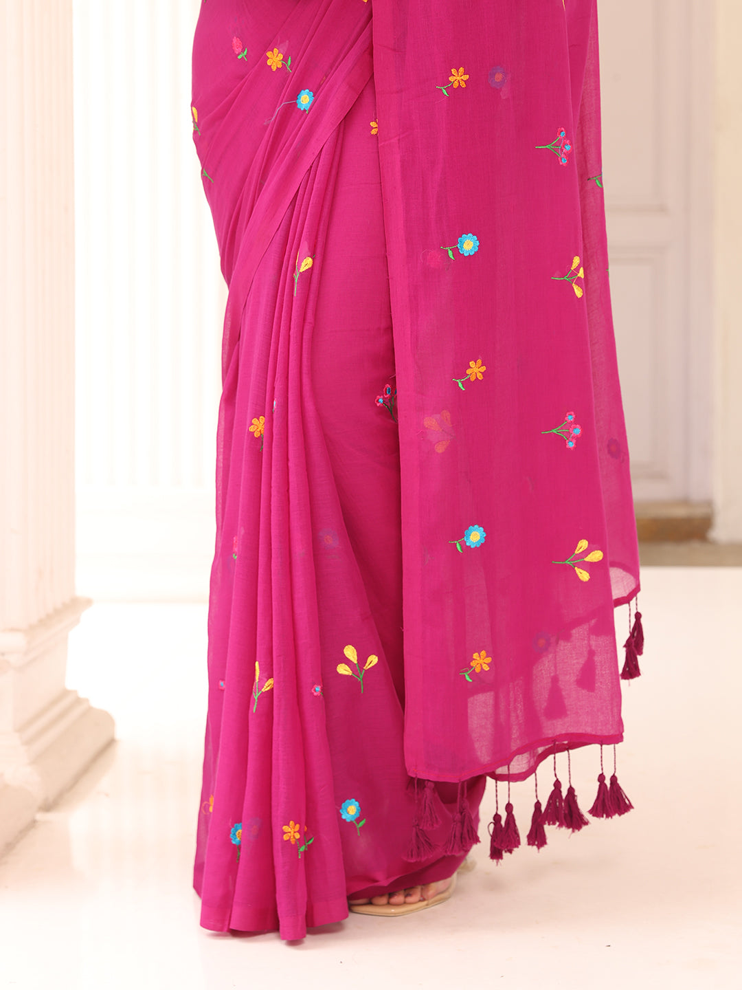 Magenta Embroidered Mulmul Cotton Saree
