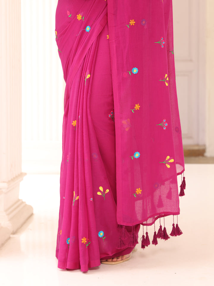 Magenta Embroidered Mulmul Cotton Saree