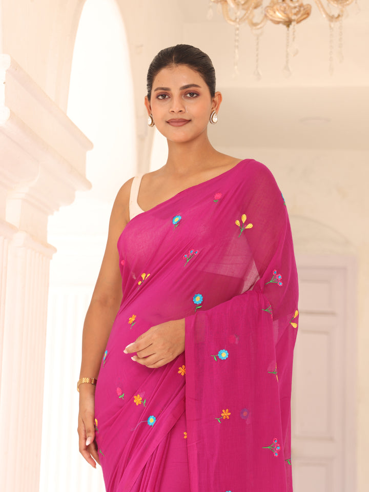 Magenta Embroidered Mulmul Cotton Saree