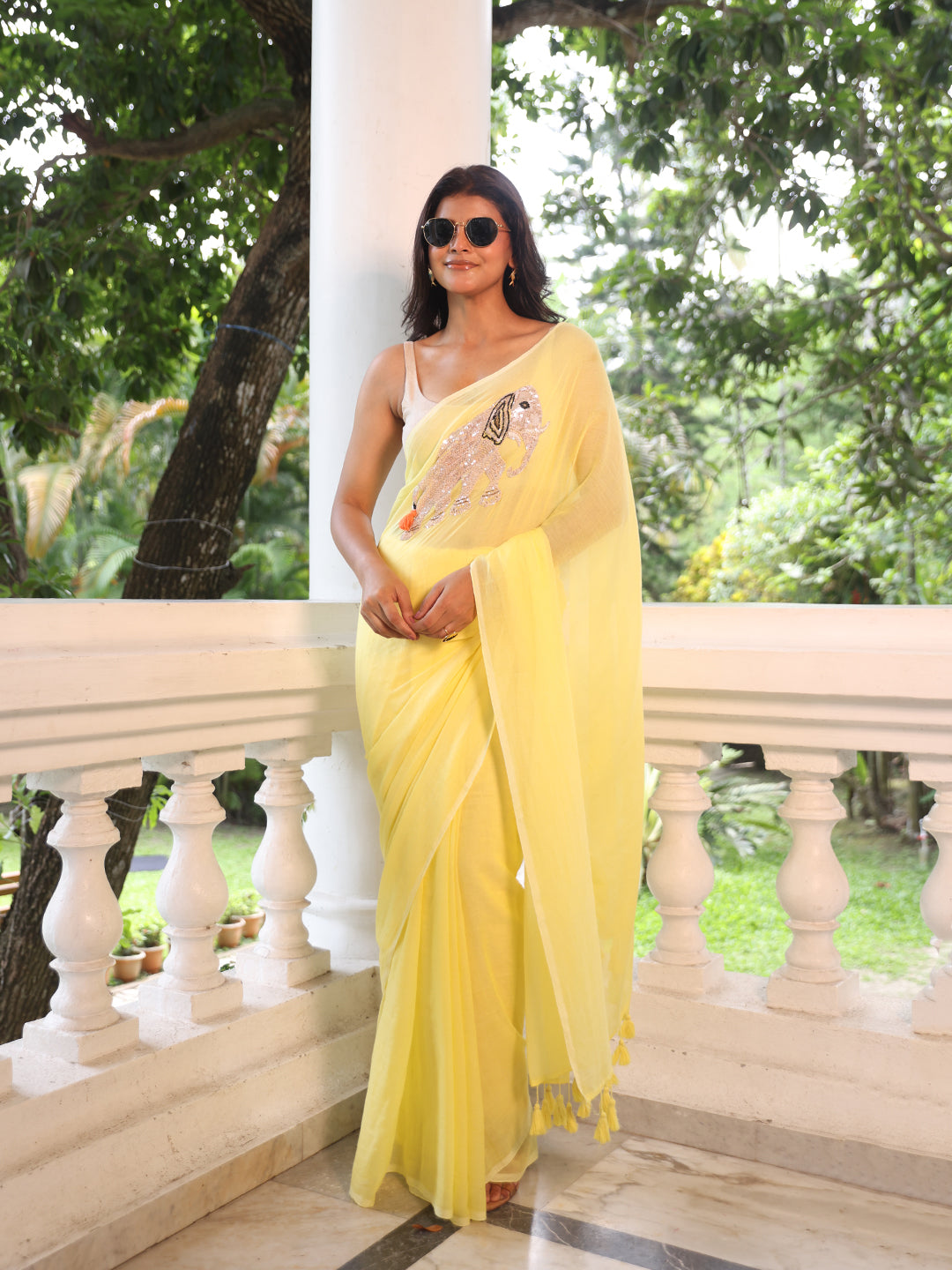 Yellow Elephant Mulmul Cotton Saree