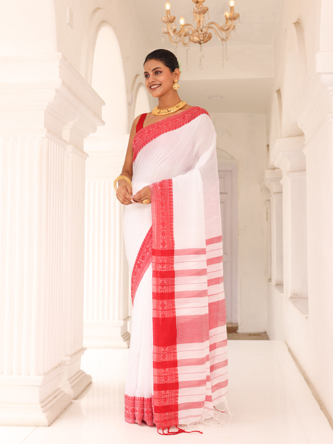 White Red Cotton Saree