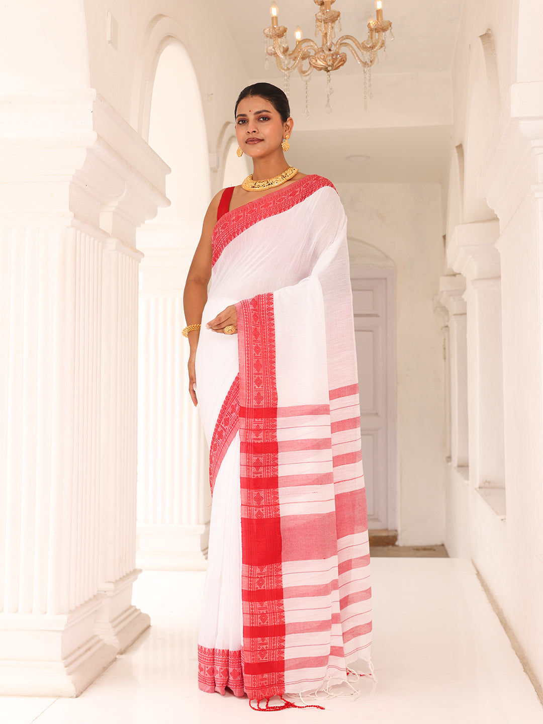 White Red Cotton Saree