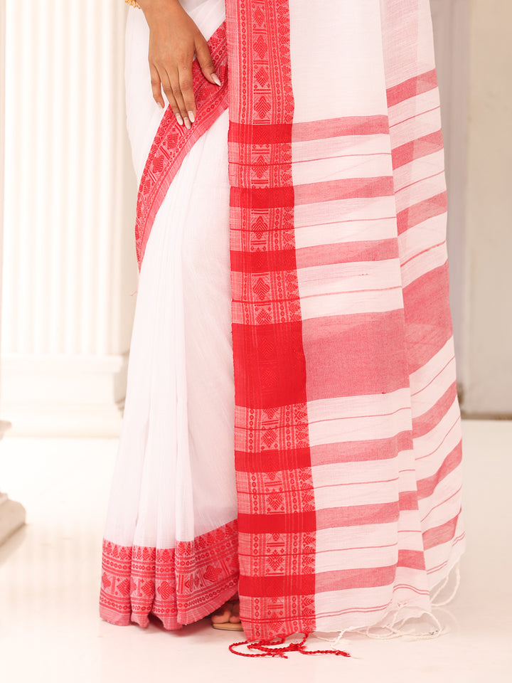 White Red Cotton Saree