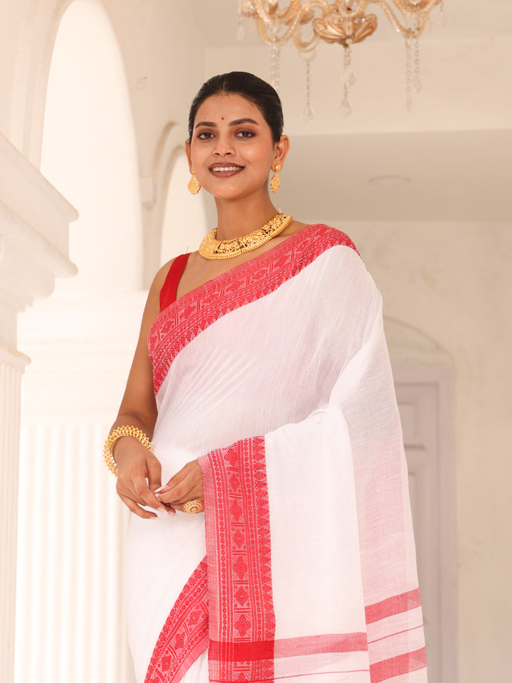 White Red Cotton Saree
