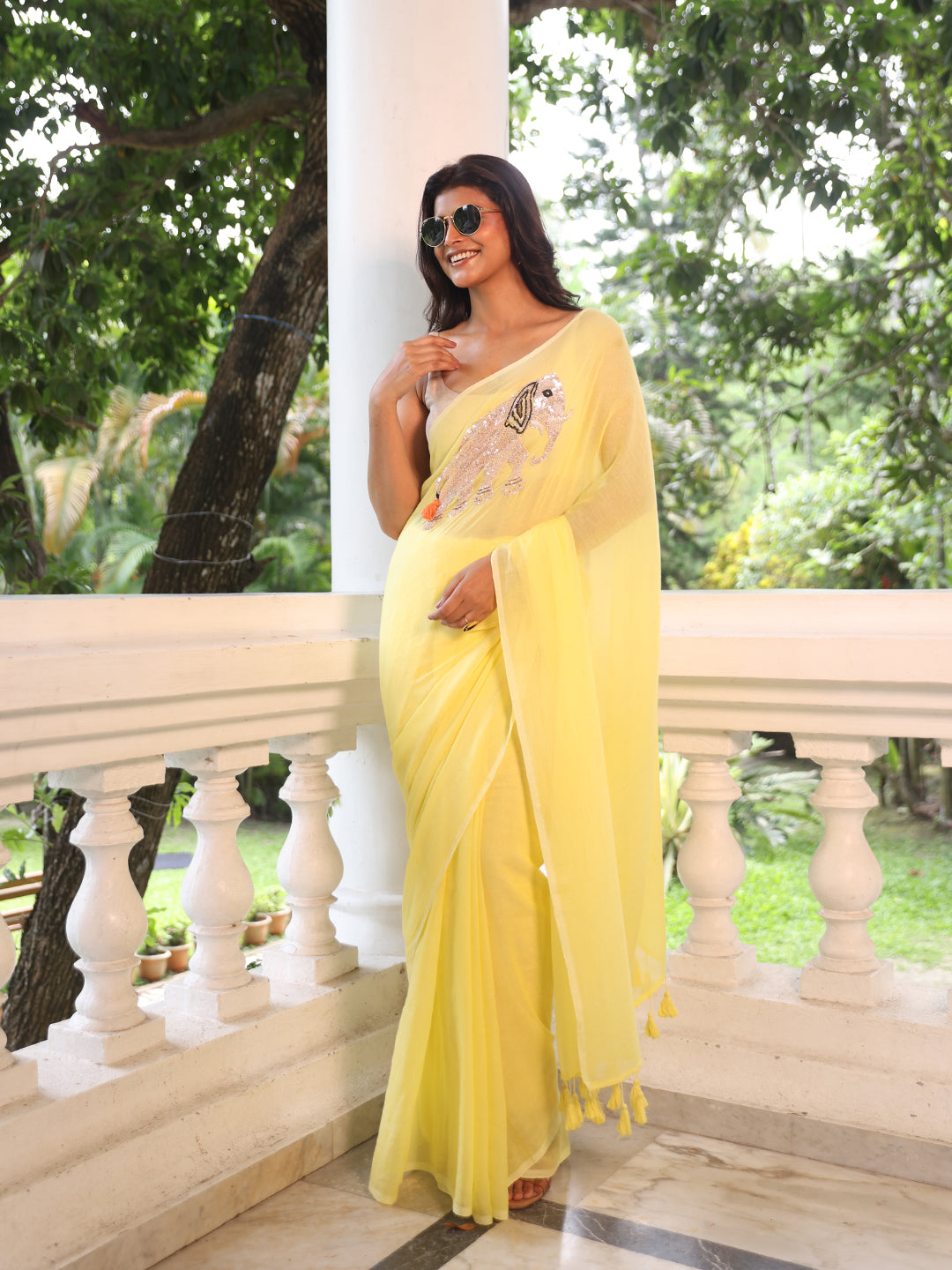 Yellow Elephant Mulmul Cotton Saree