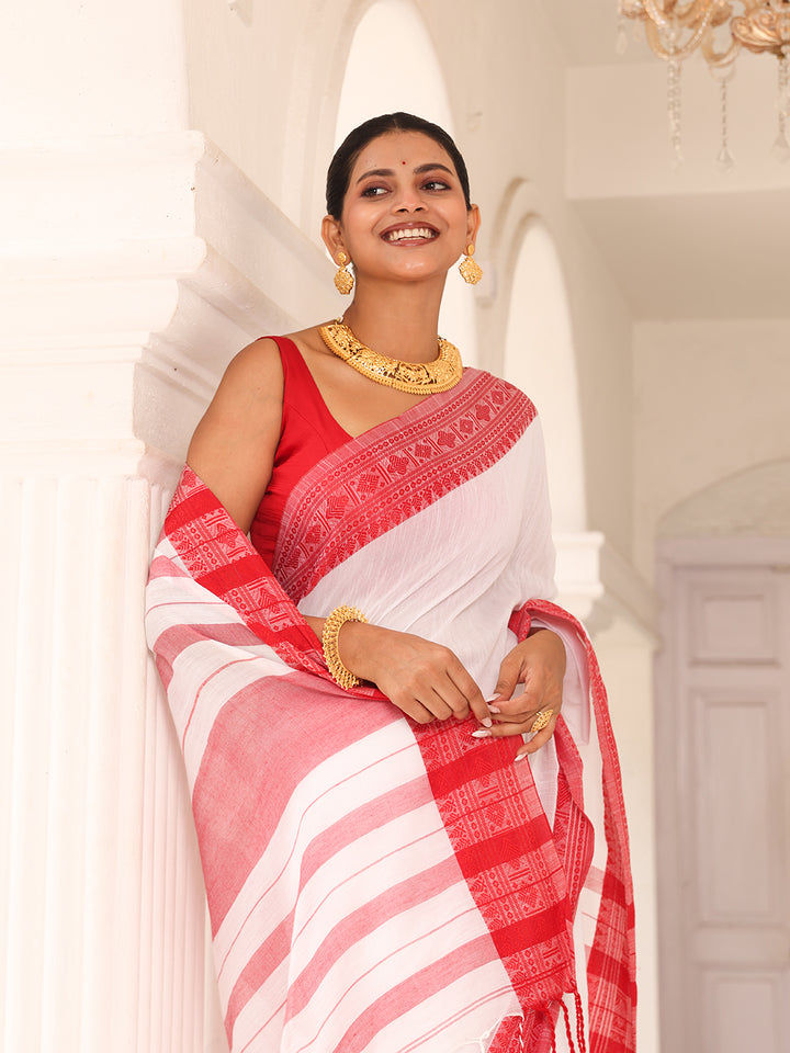 White Red Cotton Saree