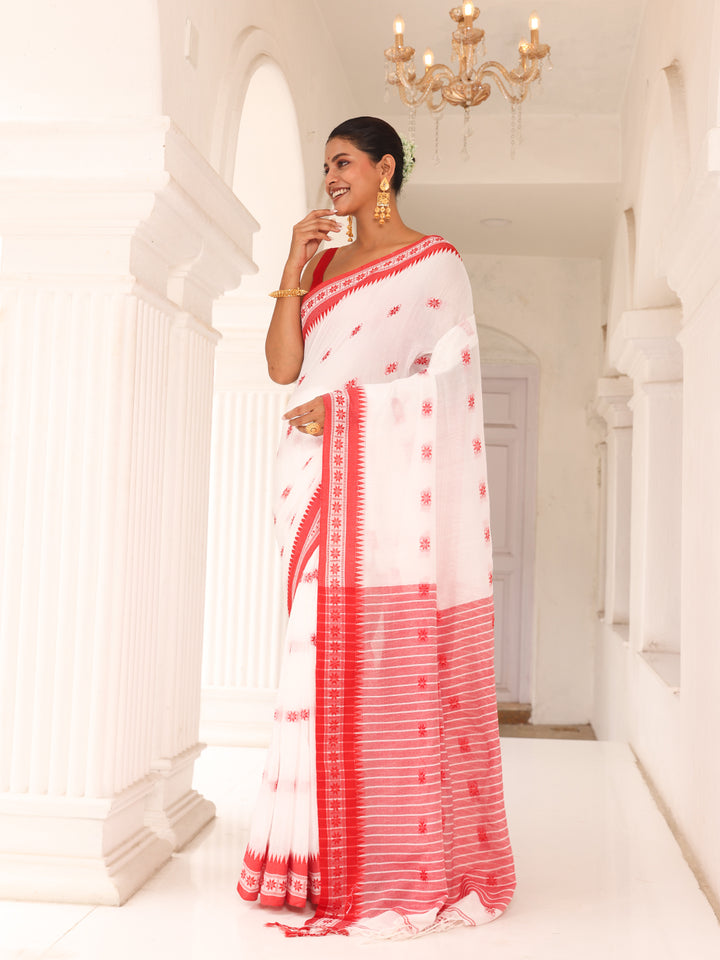 White Red Cotton Saree