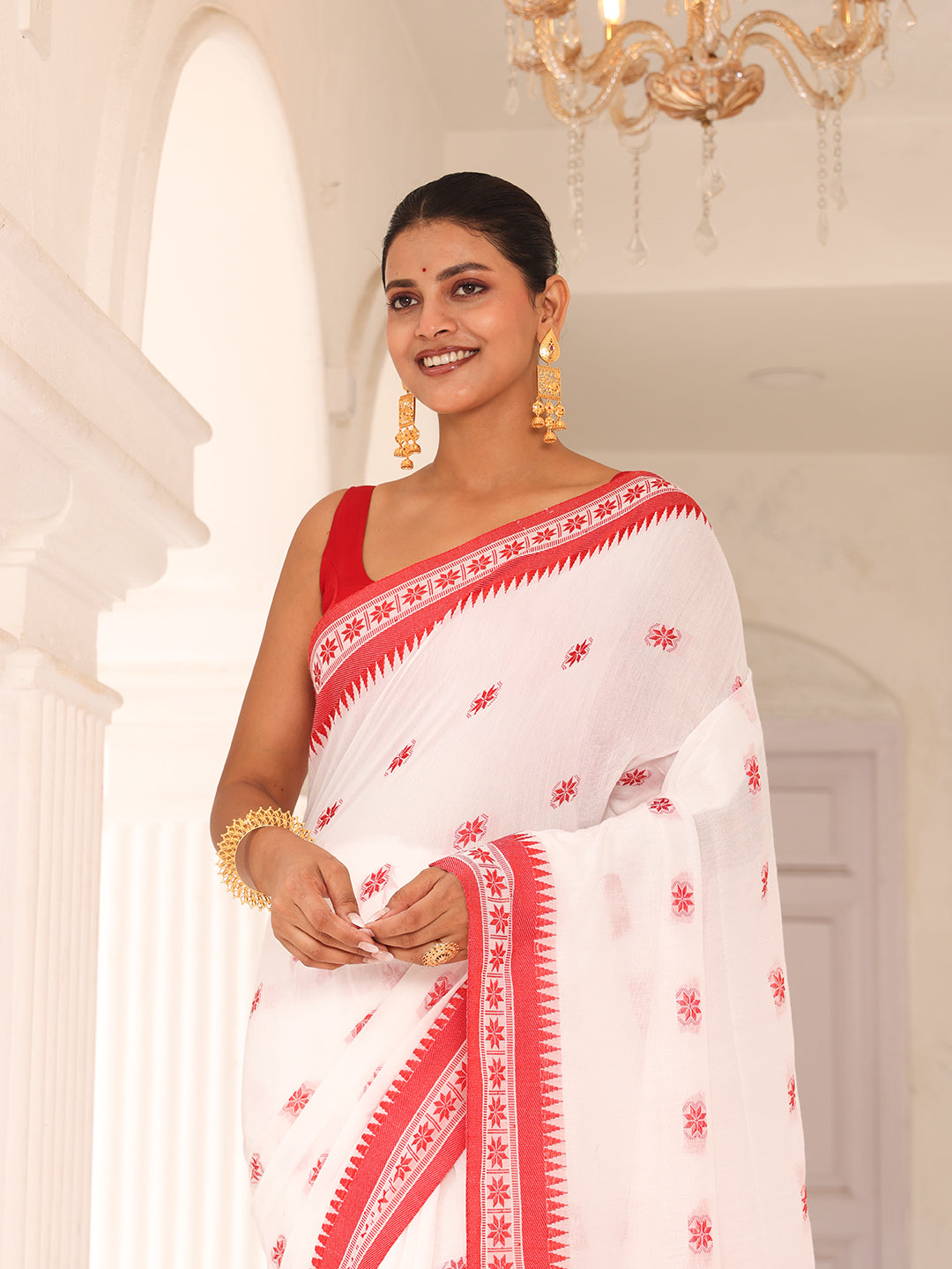 White Red Cotton Saree