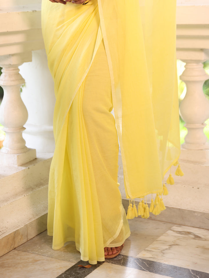Yellow Elephant Mulmul Cotton Saree