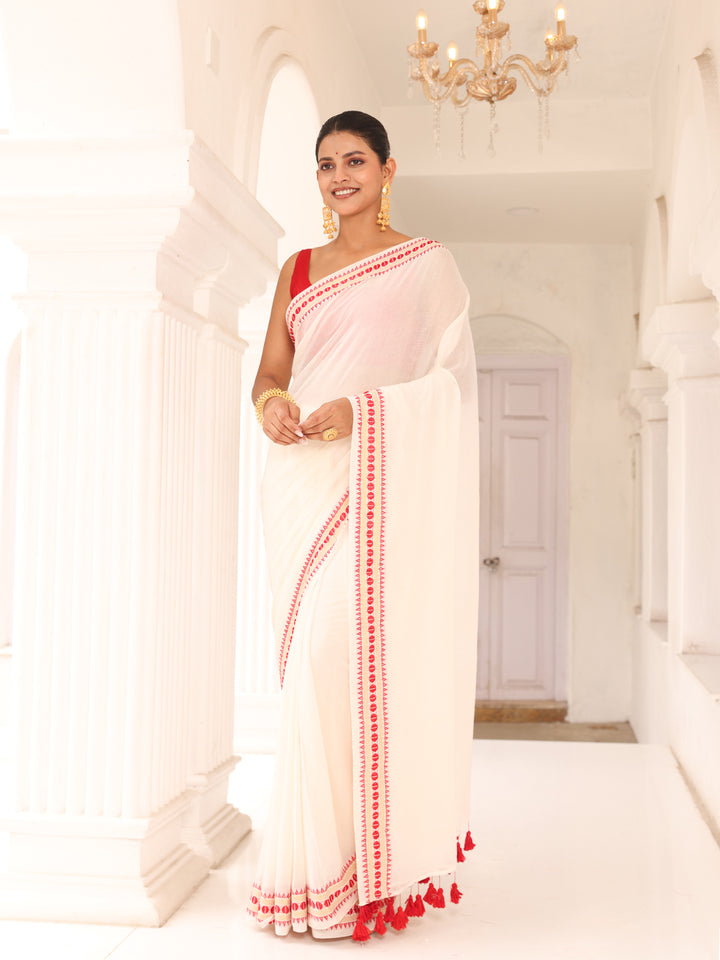 White and Red  Mulmul Cotton Saree