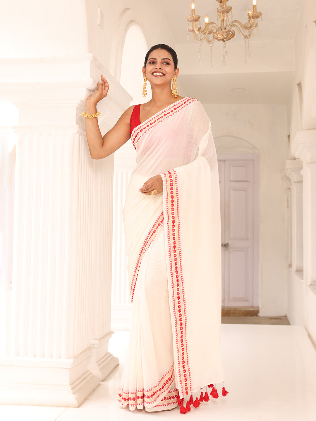 White and Red  Mulmul Cotton Saree