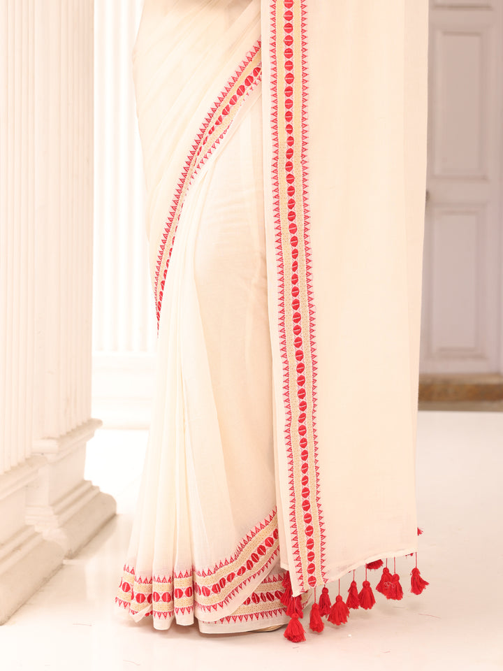 White and Red  Mulmul Cotton Saree