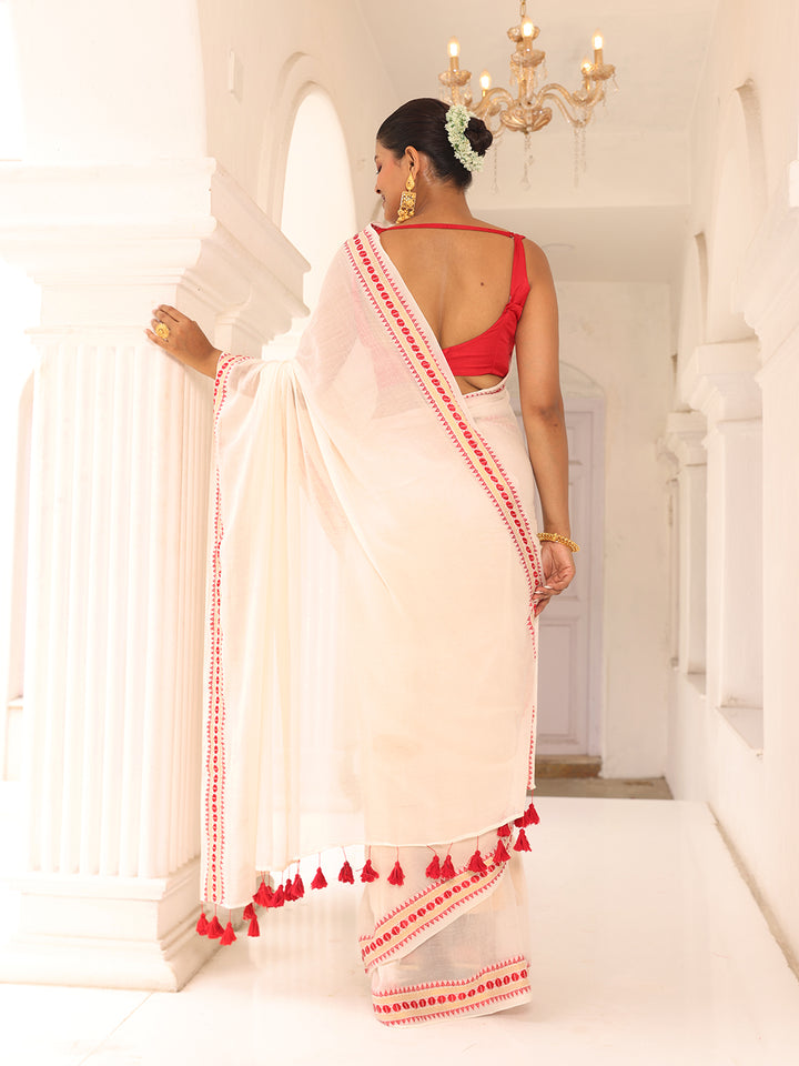 White and Red  Mulmul Cotton Saree
