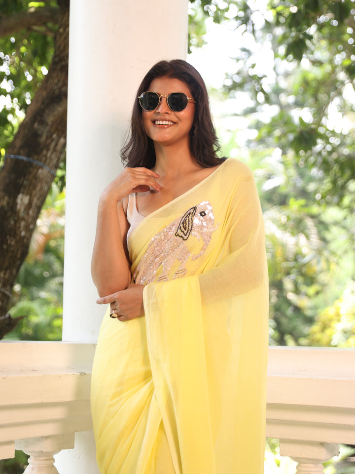 Yellow Elephant Mulmul Cotton Saree