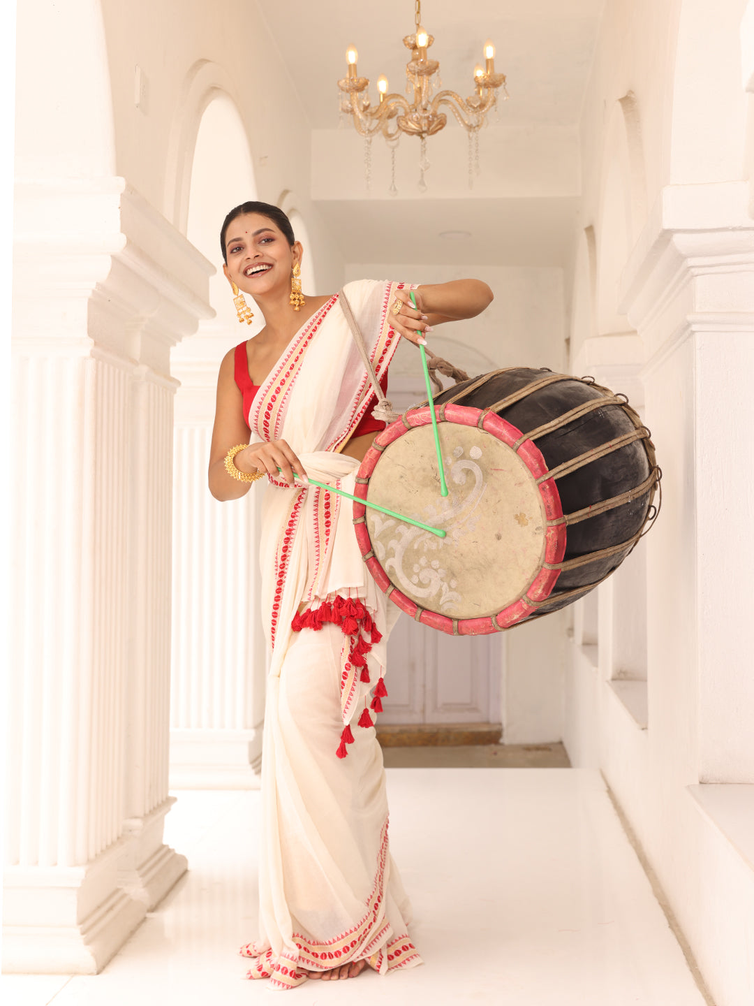 White and Red  Mulmul Cotton Saree
