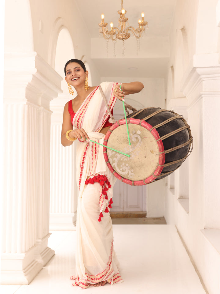 White and Red  Mulmul Cotton Saree