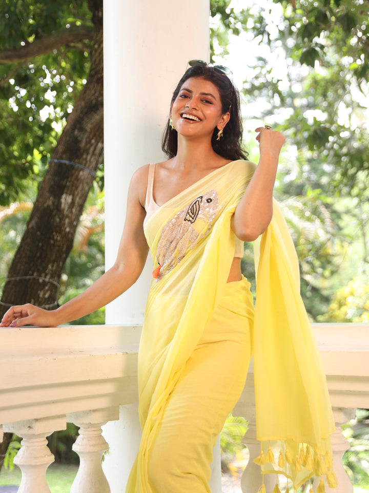 Yellow Elephant Mulmul Cotton Saree