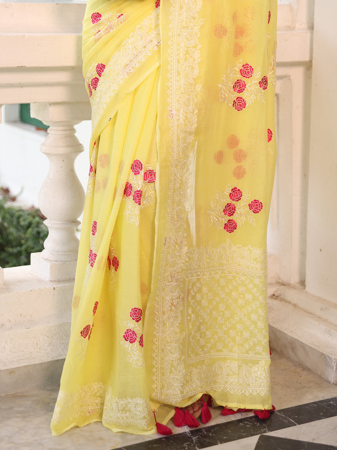 Yellow Embroidered Mulmul Cotton Saree