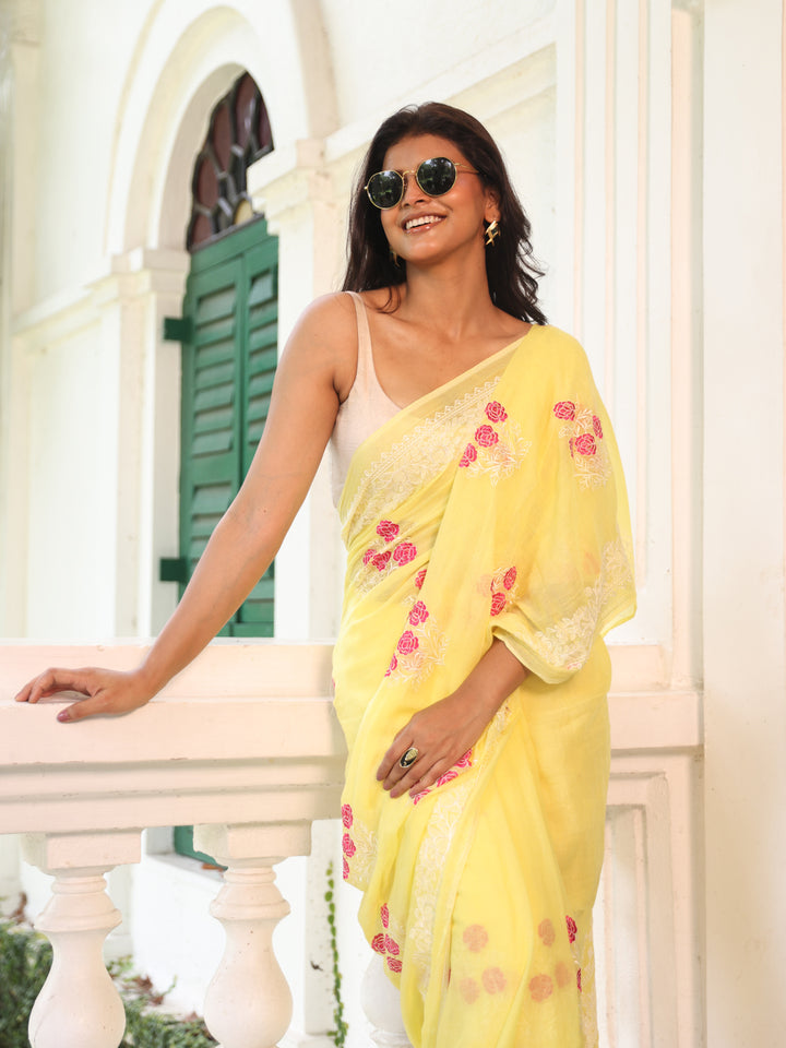Yellow Embroidered Mulmul Cotton Saree
