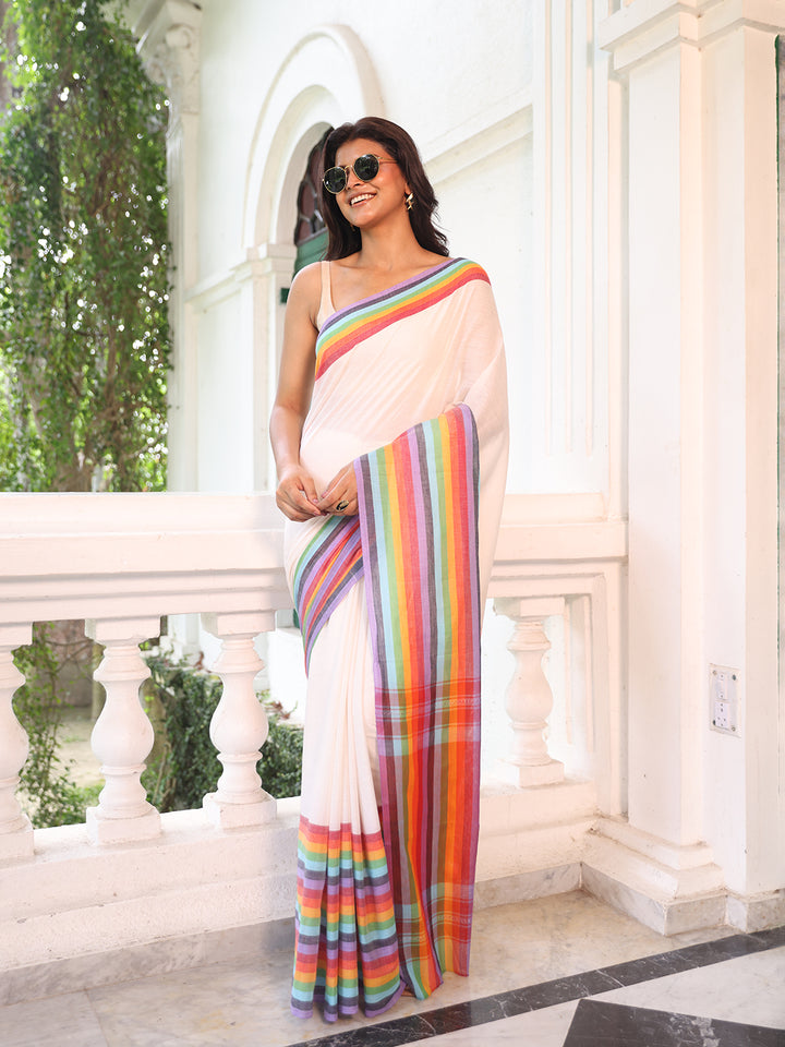 Rainbow White Mulmul Cotton Saree