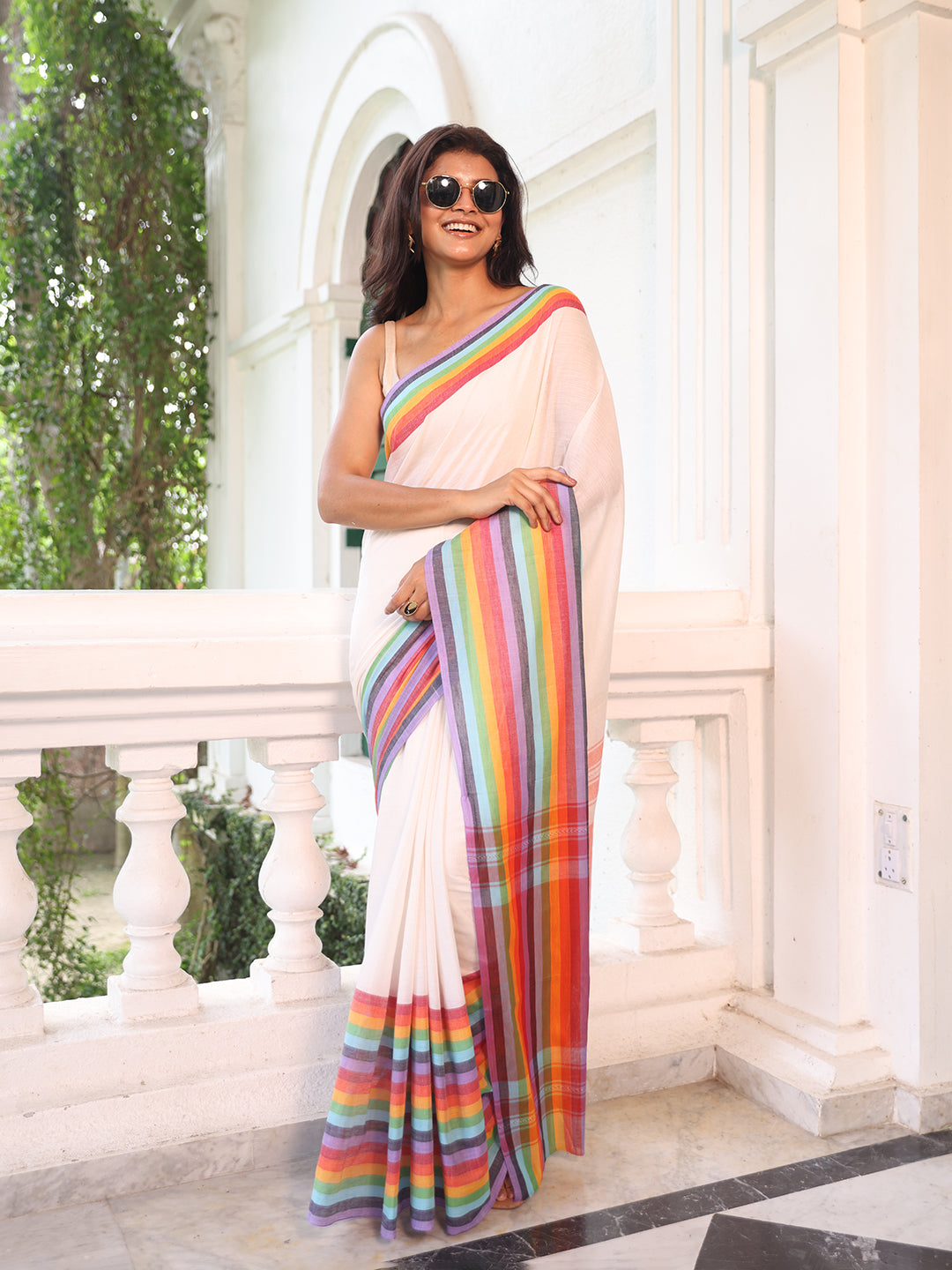 Rainbow White Mulmul Cotton Saree