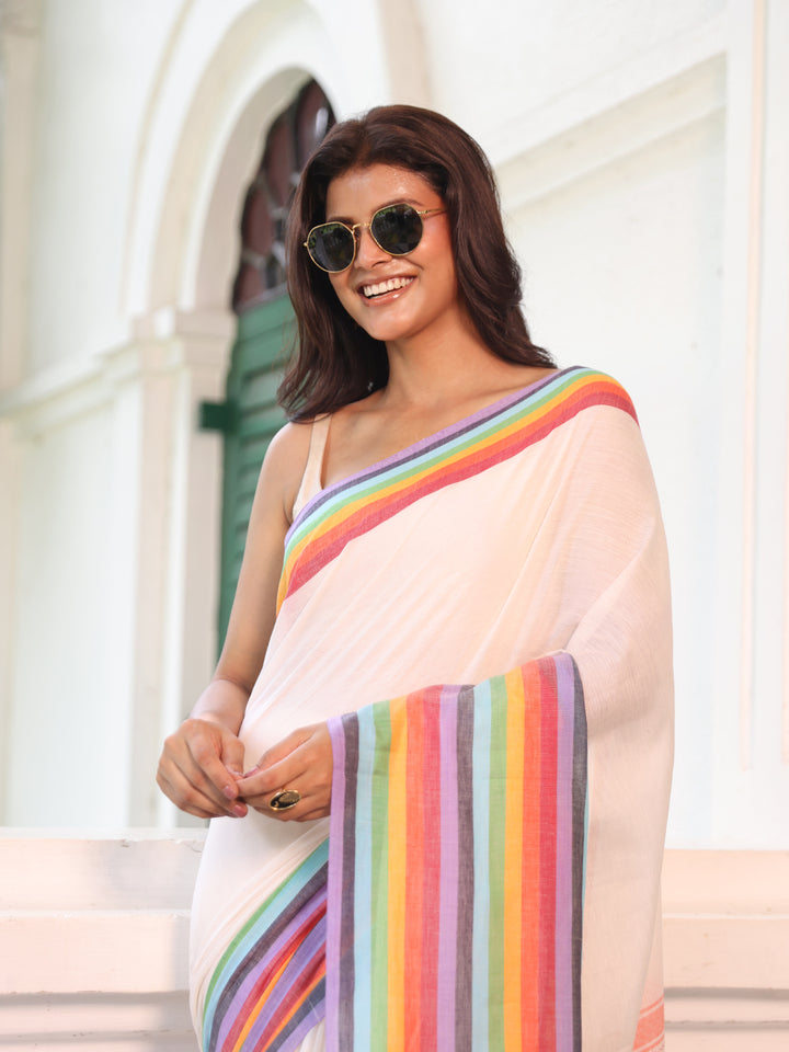 Rainbow White Mulmul Cotton Saree