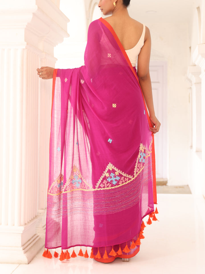 Handwoven Pink Mulmul Cotton Saree
