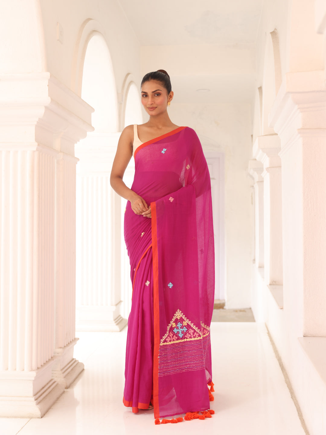 Handwoven Pink Mulmul Cotton Saree