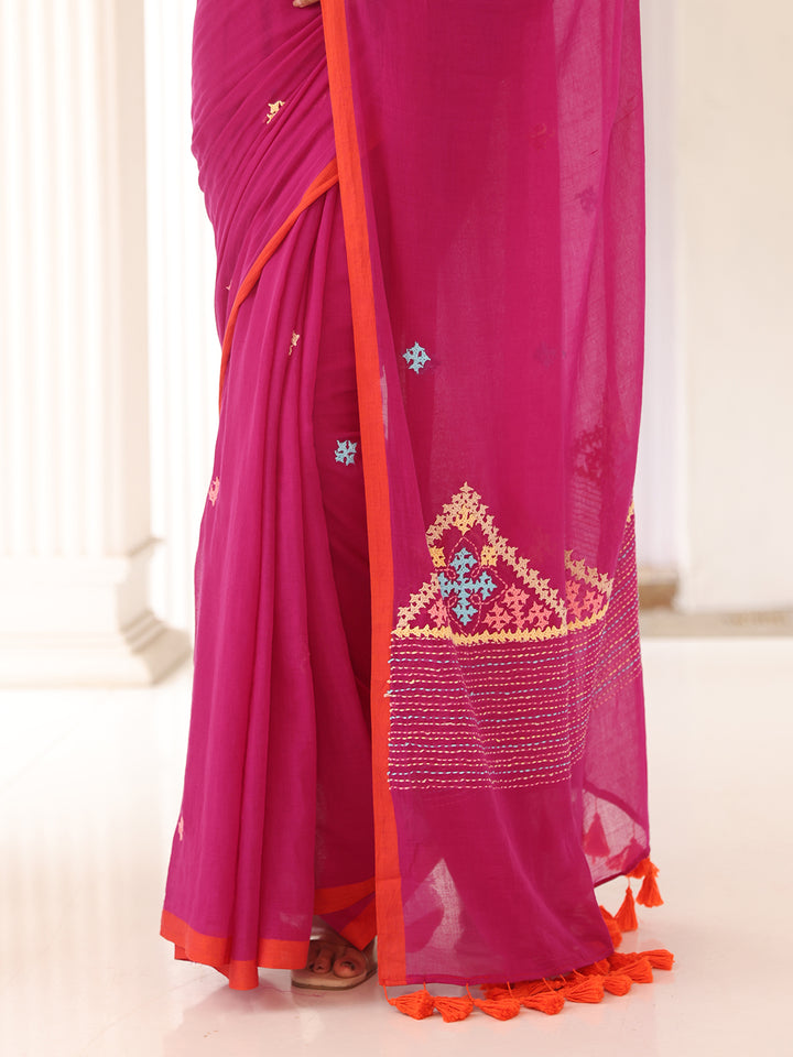 Handwoven Pink Mulmul Cotton Saree