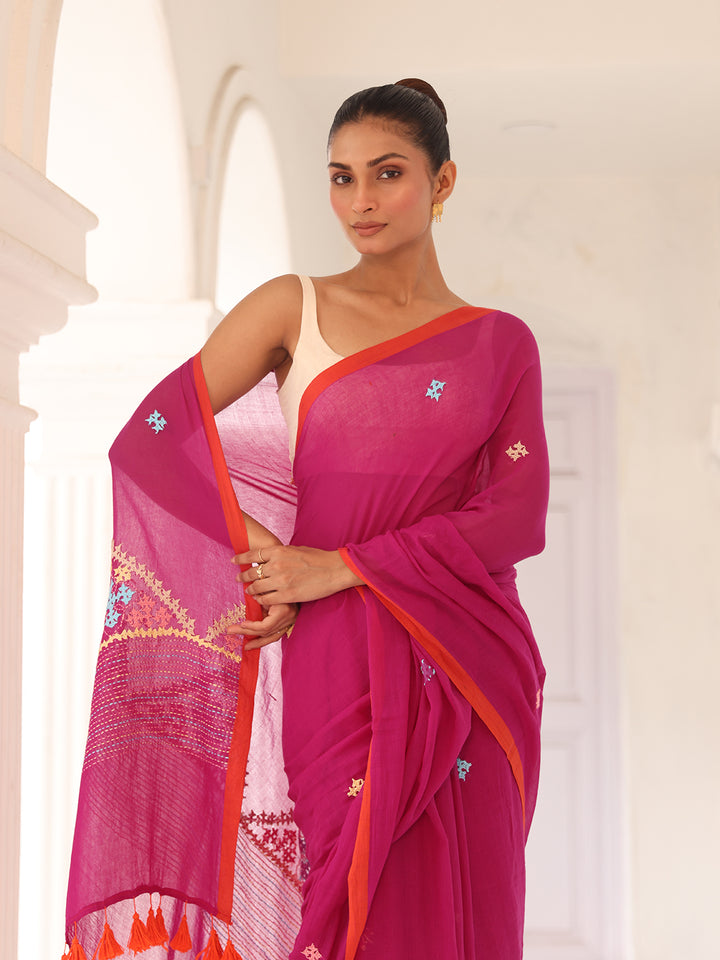 Handwoven Pink Mulmul Cotton Saree