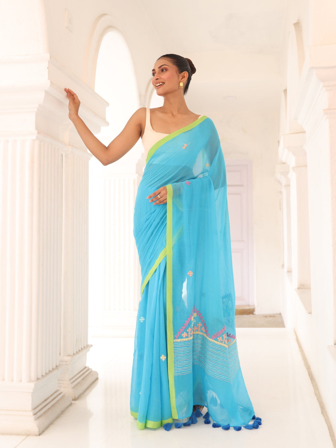 Handwoven Sky blue Mulmul Cotton Saree