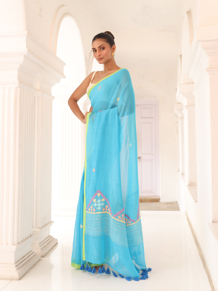 Handwoven Sky blue Mulmul Cotton Saree