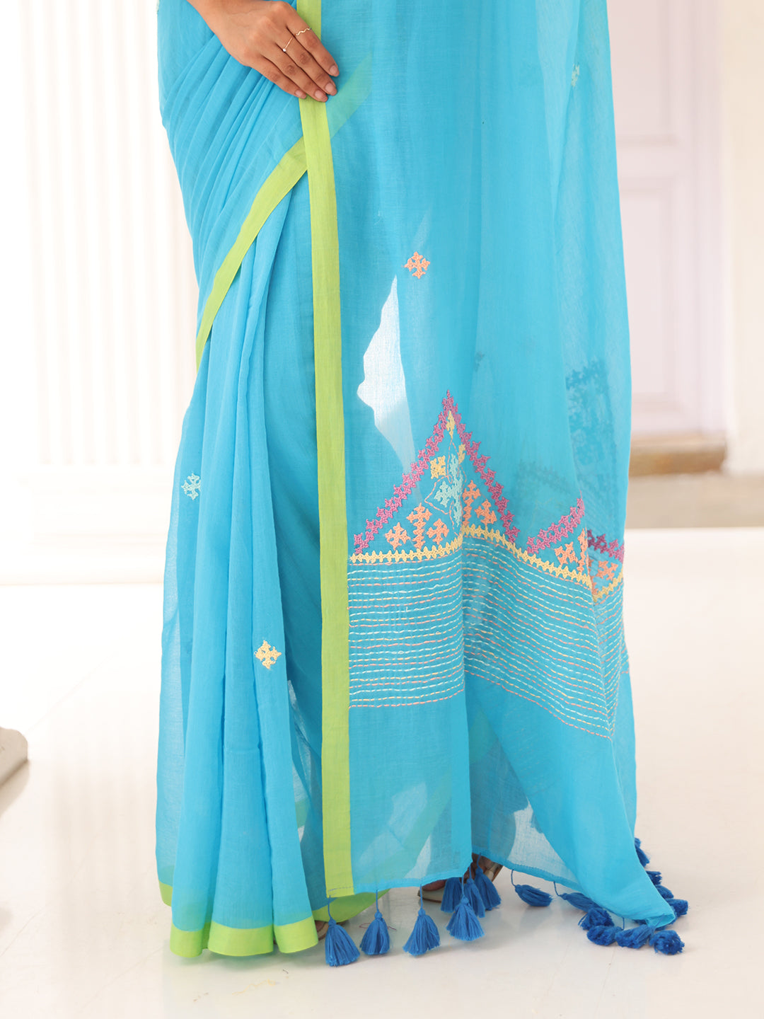 Handwoven Sky blue Mulmul Cotton Saree